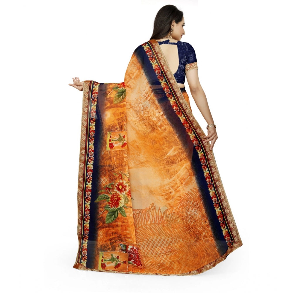 Snuggle Spot Women's Georgette Floral Print Saree With Unstitched Blouse 5.5Mtr (Blue-Orange)