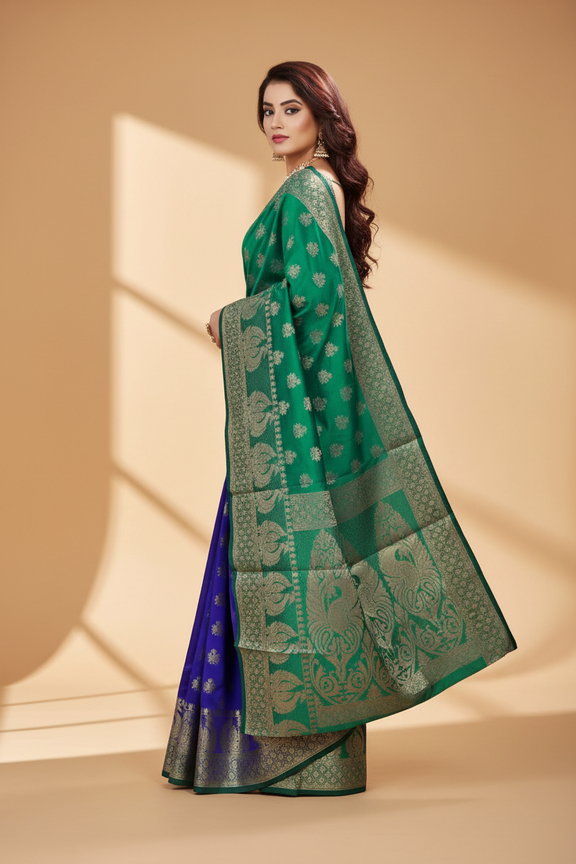 Snuggle Spot Women's Jacquard Woven Saree With Unstitched Blouse 5.5Mtr (Green)