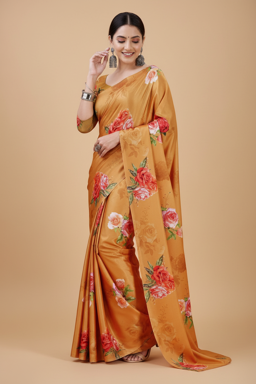 Snuggle Spot Women's Crepe Digital Print Saree With Unstitched Blouse 5.5Mtr (Mustard)