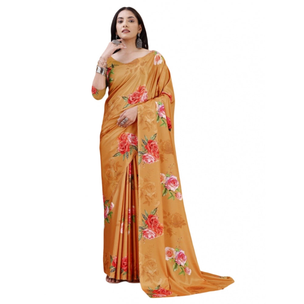Snuggle Spot Women's Crepe Digital Print Saree With Unstitched Blouse 5.5Mtr (Mustard)