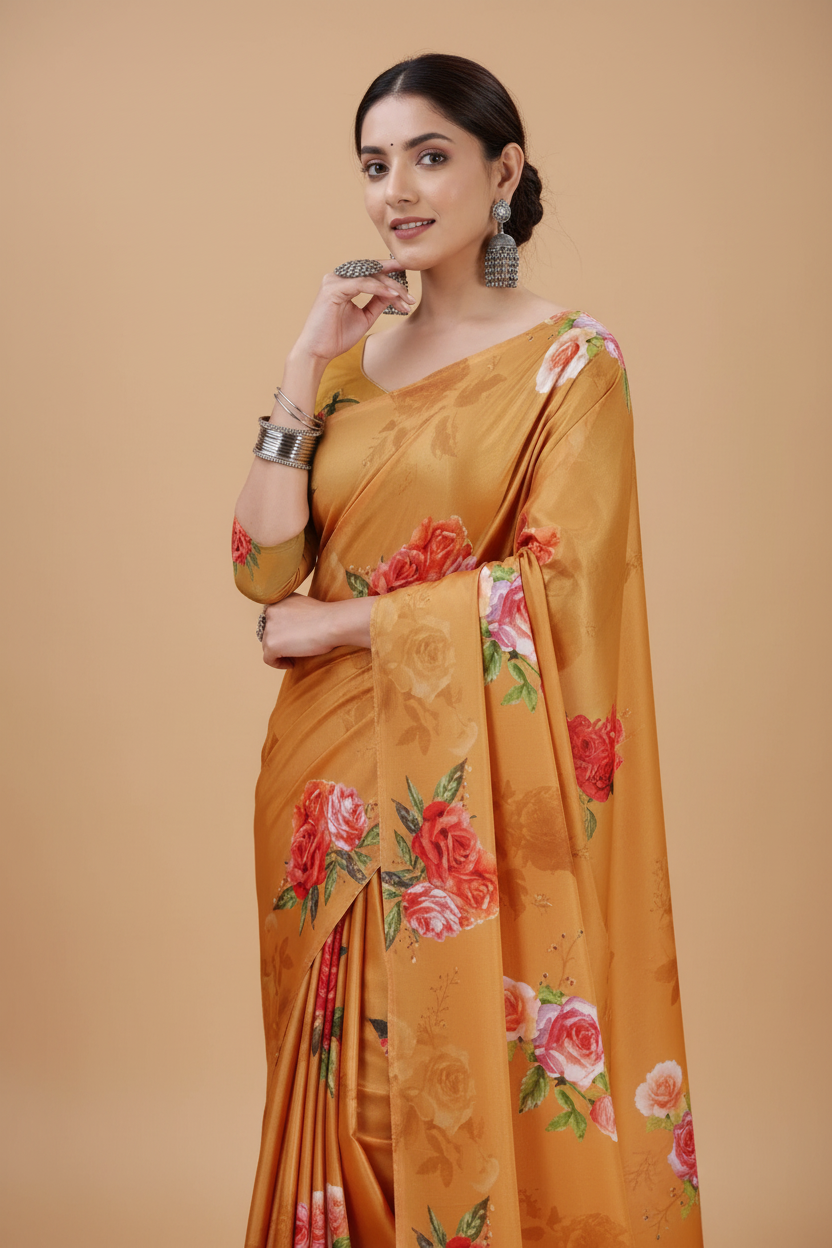Snuggle Spot Women's Crepe Digital Print Saree With Unstitched Blouse 5.5Mtr (Mustard)
