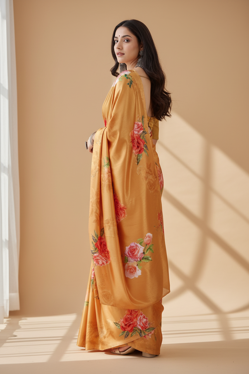 Snuggle Spot Women's Crepe Digital Print Saree With Unstitched Blouse 5.5Mtr (Mustard)