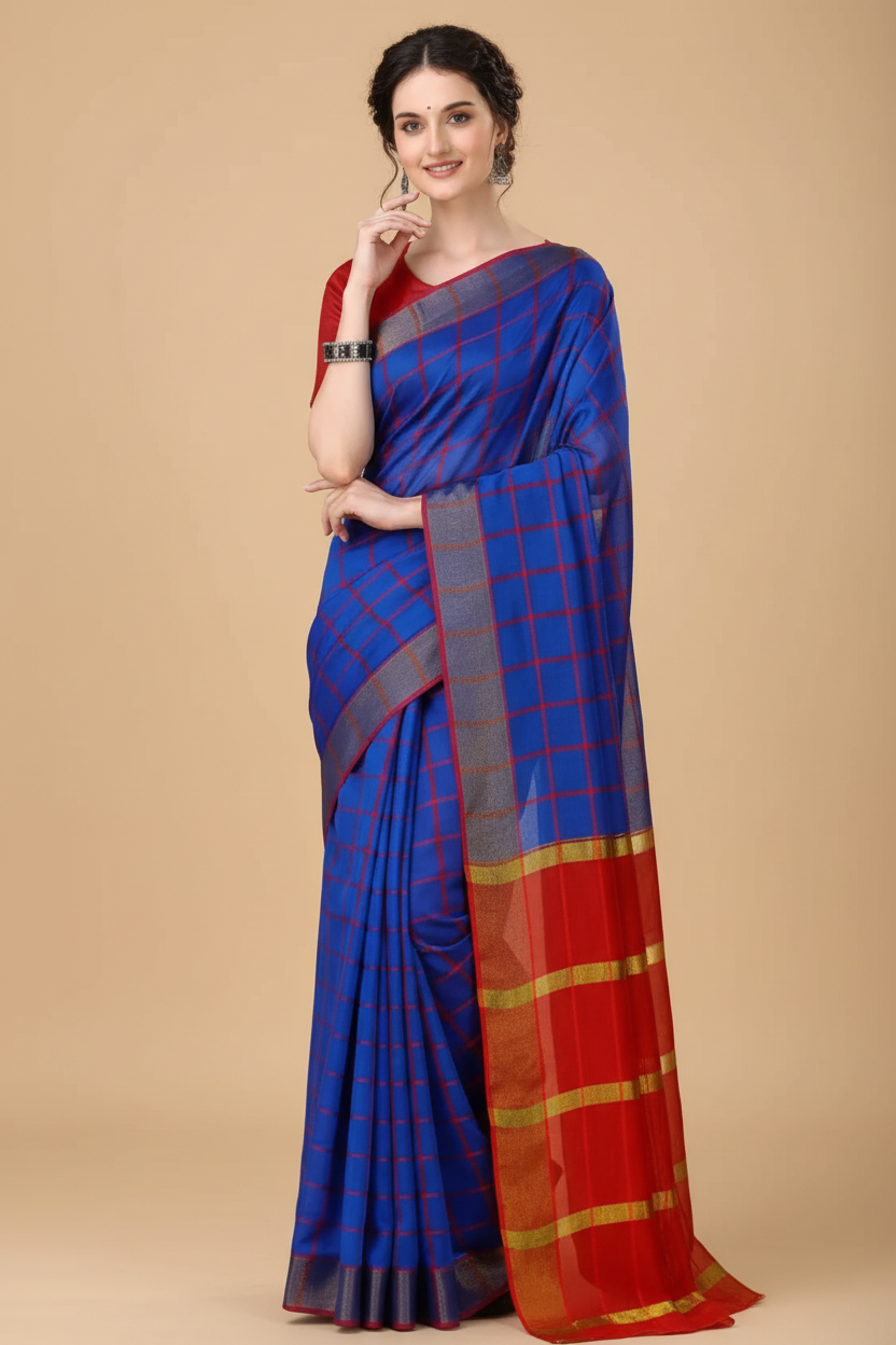 Snuggle Spot Women's Cotton Silk Checkered Saree With Unstitched Blouse 5.5Mtr (Blue)