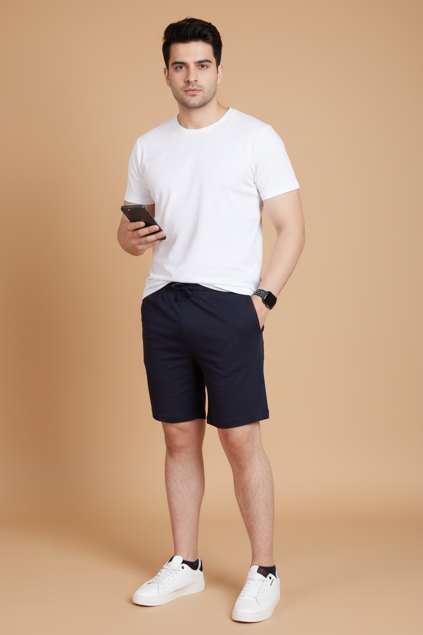 Snuggle Spot Men's Casual Cotton Striped Above knee Shorts (Navy)