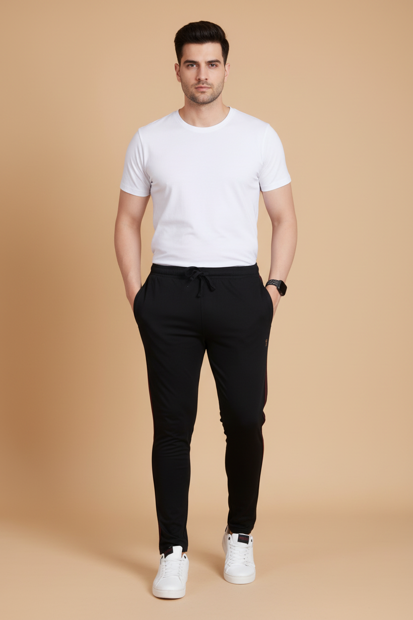 Snuggle Spot Men's Casual Cotton Striped Full Length Track Pant (Black)