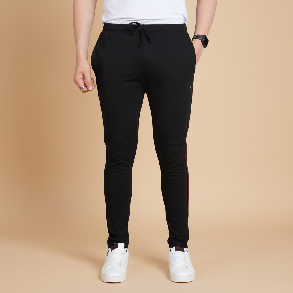 Snuggle Spot Men's Casual Cotton Striped Full Length Track Pant (Black)