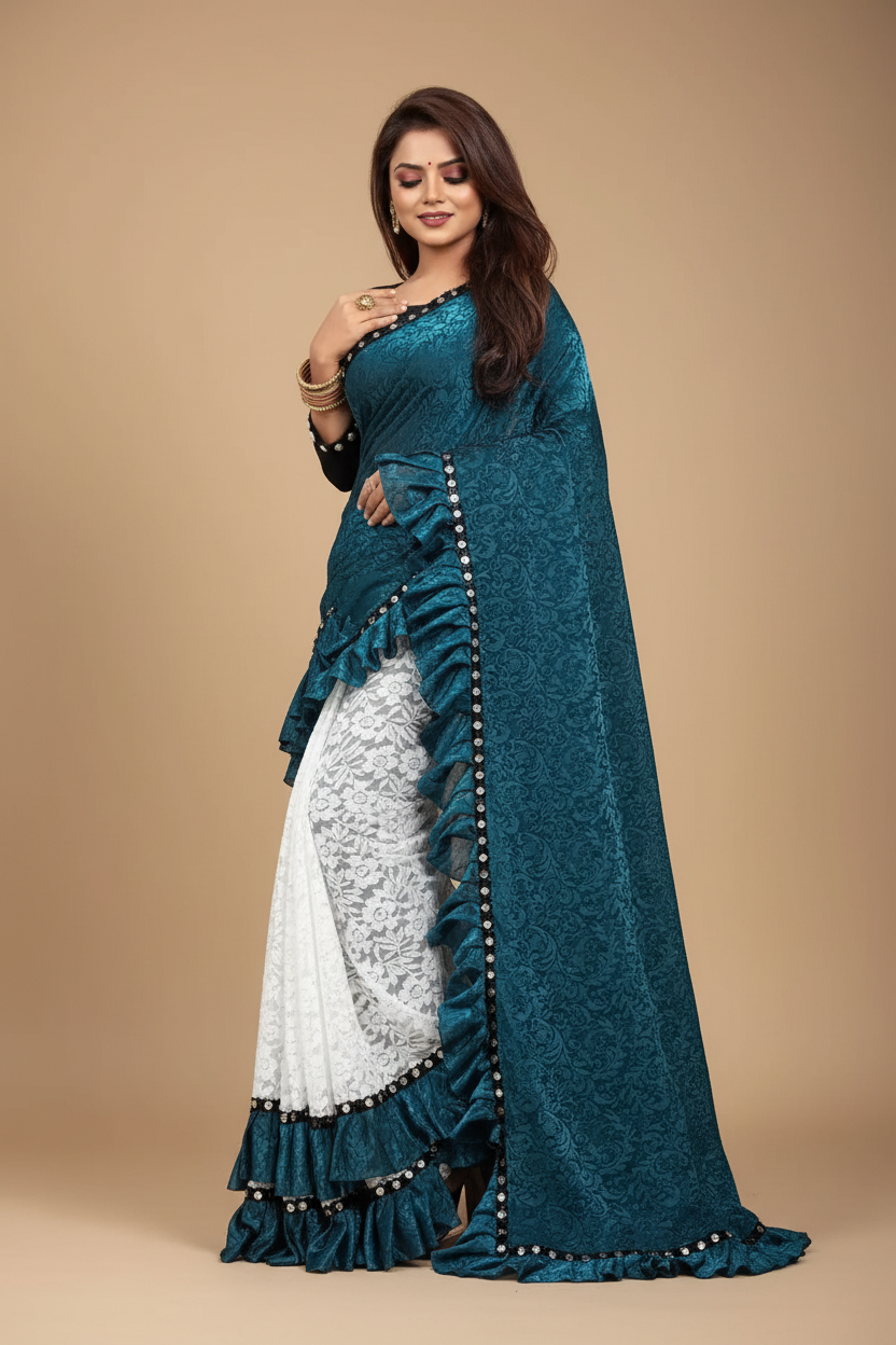 Snuggle Spot Women's Silk With Mirror Lace Solid Saree With Unstitched Blouse (Rama, 5-5 Mtrs)