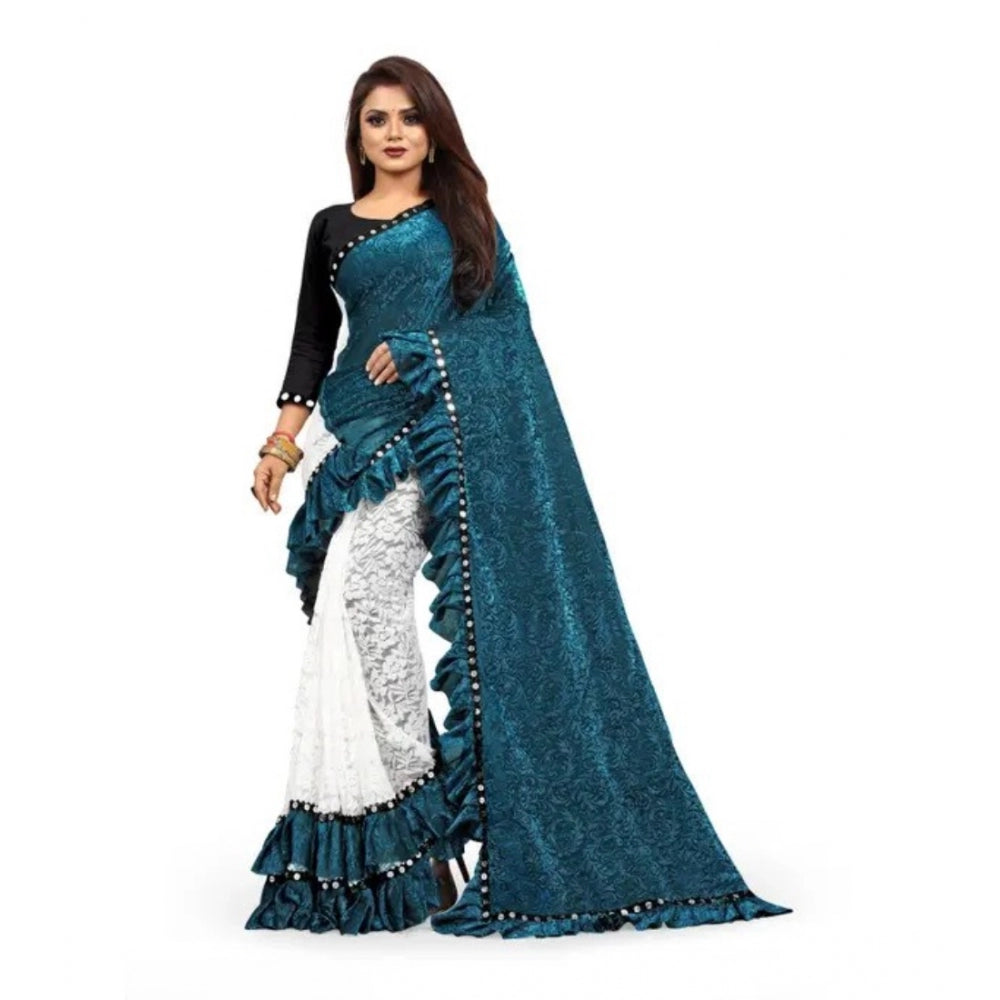 Snuggle Spot Women's Silk With Mirror Lace Solid Saree With Unstitched Blouse (Rama, 5-5 Mtrs)