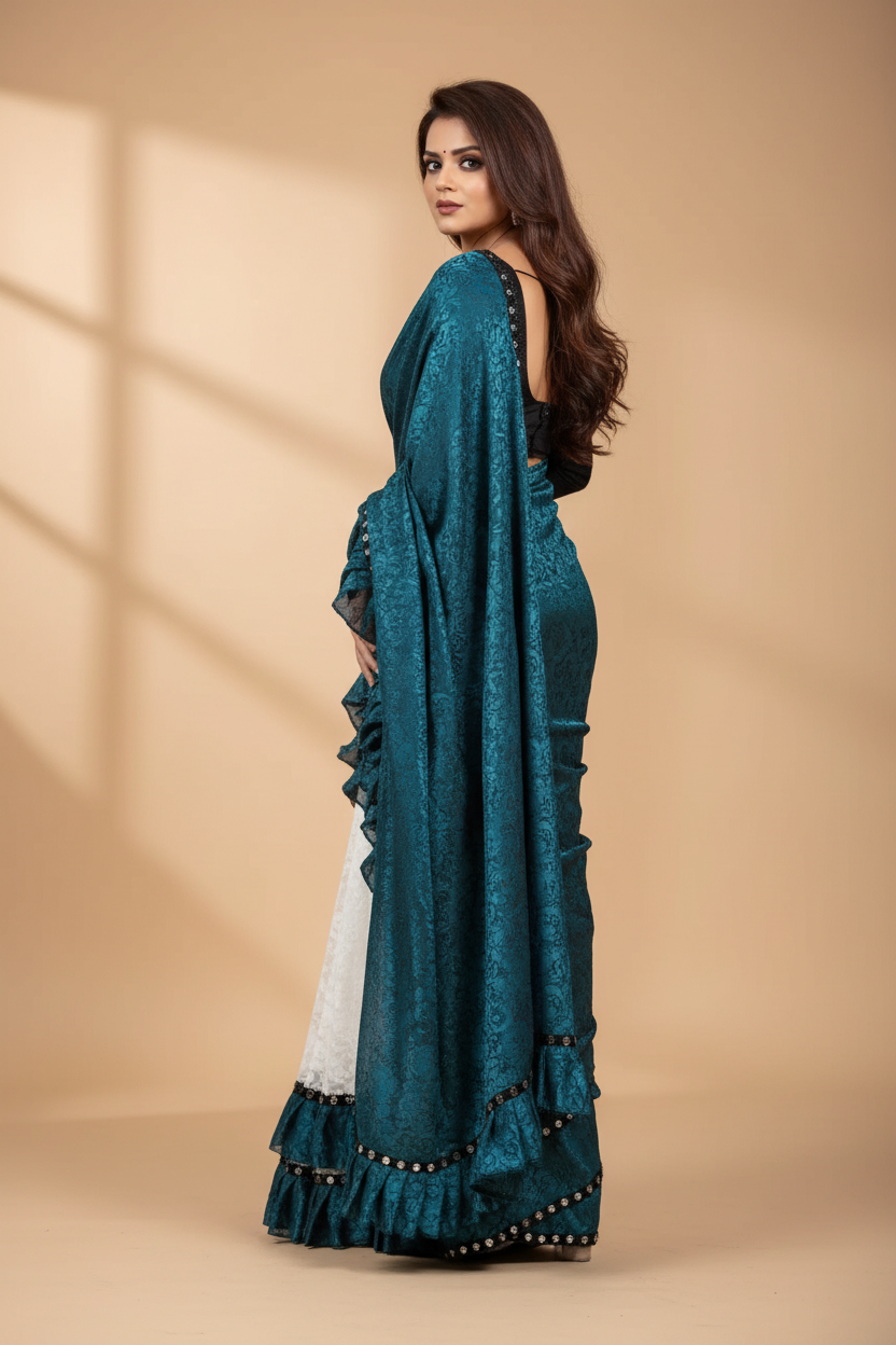 Snuggle Spot Women's Silk With Mirror Lace Solid Saree With Unstitched Blouse (Rama, 5-5 Mtrs)