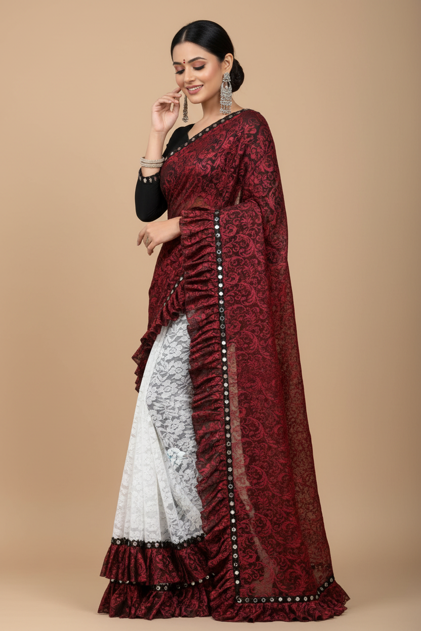 Snuggle Spot Women's Silk With Mirror Lace Solid Saree With Unstitched Blouse (Red, 5-5 Mtrs)