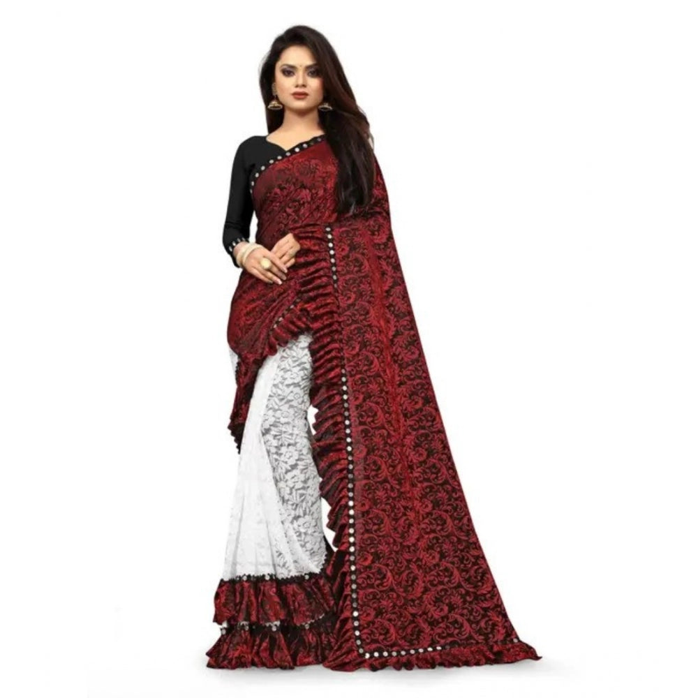 Snuggle Spot Women's Silk With Mirror Lace Solid Saree With Unstitched Blouse (Red, 5-5 Mtrs)