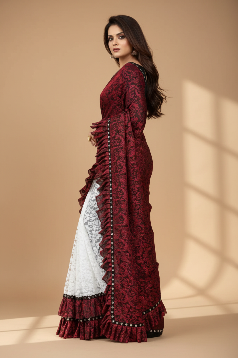 Snuggle Spot Women's Silk With Mirror Lace Solid Saree With Unstitched Blouse (Red, 5-5 Mtrs)