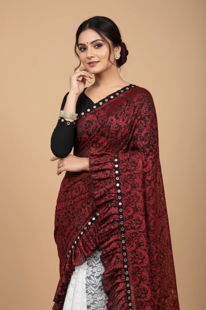 Snuggle Spot Women's Silk With Mirror Lace Solid Saree With Unstitched Blouse (Red, 5-5 Mtrs)