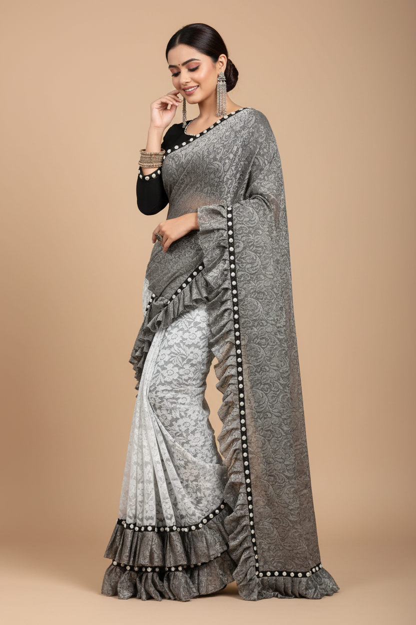 Snuggle Spot Women's Silk With Mirror Lace Solid Saree With Unstitched Blouse (Grey, 5-5 Mtrs)