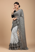Snuggle Spot Women's Silk With Mirror Lace Solid Saree With Unstitched Blouse (Grey, 5-5 Mtrs)