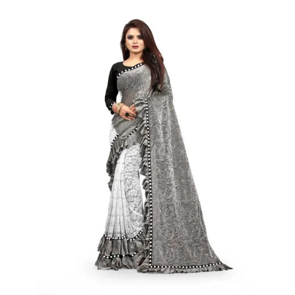 Snuggle Spot Women's Silk With Mirror Lace Solid Saree With Unstitched Blouse (Grey, 5-5 Mtrs)
