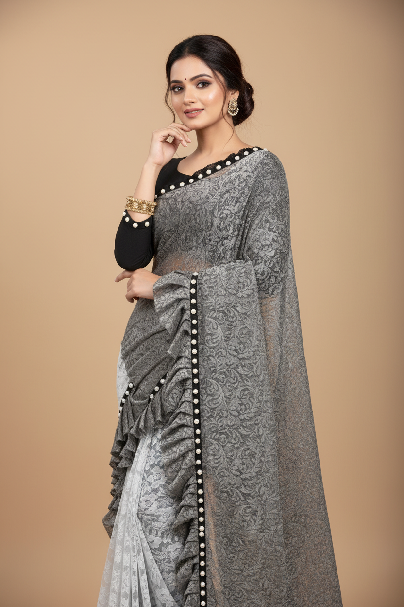 Snuggle Spot Women's Silk With Mirror Lace Solid Saree With Unstitched Blouse (Grey, 5-5 Mtrs)