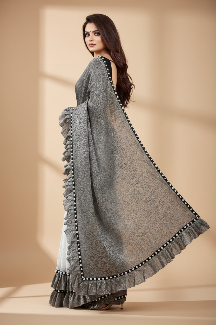 Snuggle Spot Women's Silk With Mirror Lace Solid Saree With Unstitched Blouse (Grey, 5-5 Mtrs)
