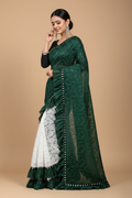 Snuggle Spot Women's Silk With Mirror Lace Solid Saree With Unstitched Blouse (Green, 5-5 Mtrs)