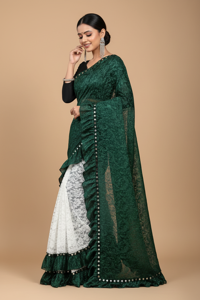 Snuggle Spot Women's Silk With Mirror Lace Solid Saree With Unstitched Blouse (Green, 5-5 Mtrs)