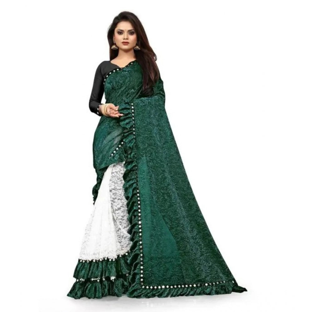 Snuggle Spot Women's Silk With Mirror Lace Solid Saree With Unstitched Blouse (Green, 5-5 Mtrs)