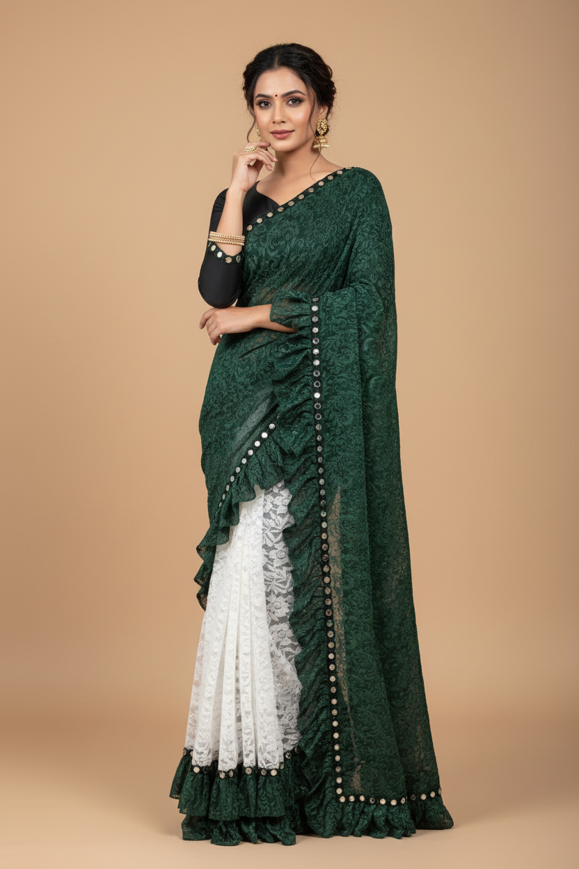 Snuggle Spot Women's Silk With Mirror Lace Solid Saree With Unstitched Blouse (Green, 5-5 Mtrs)