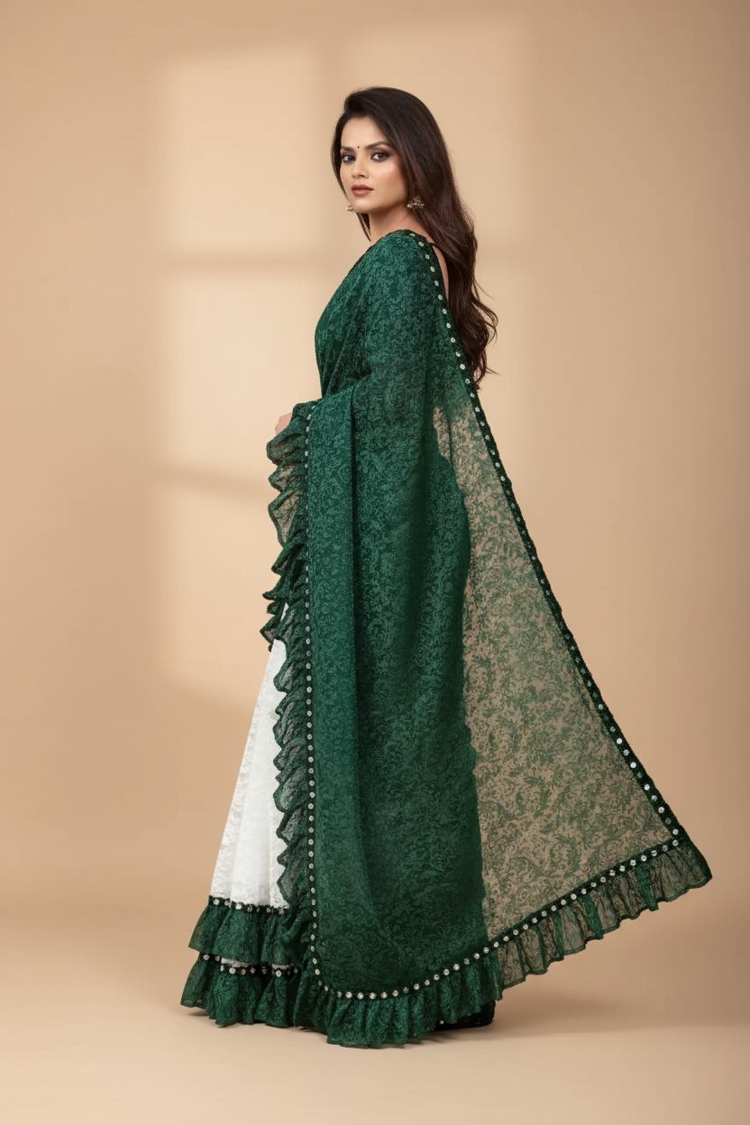 Snuggle Spot Women's Silk With Mirror Lace Solid Saree With Unstitched Blouse (Green, 5-5 Mtrs)