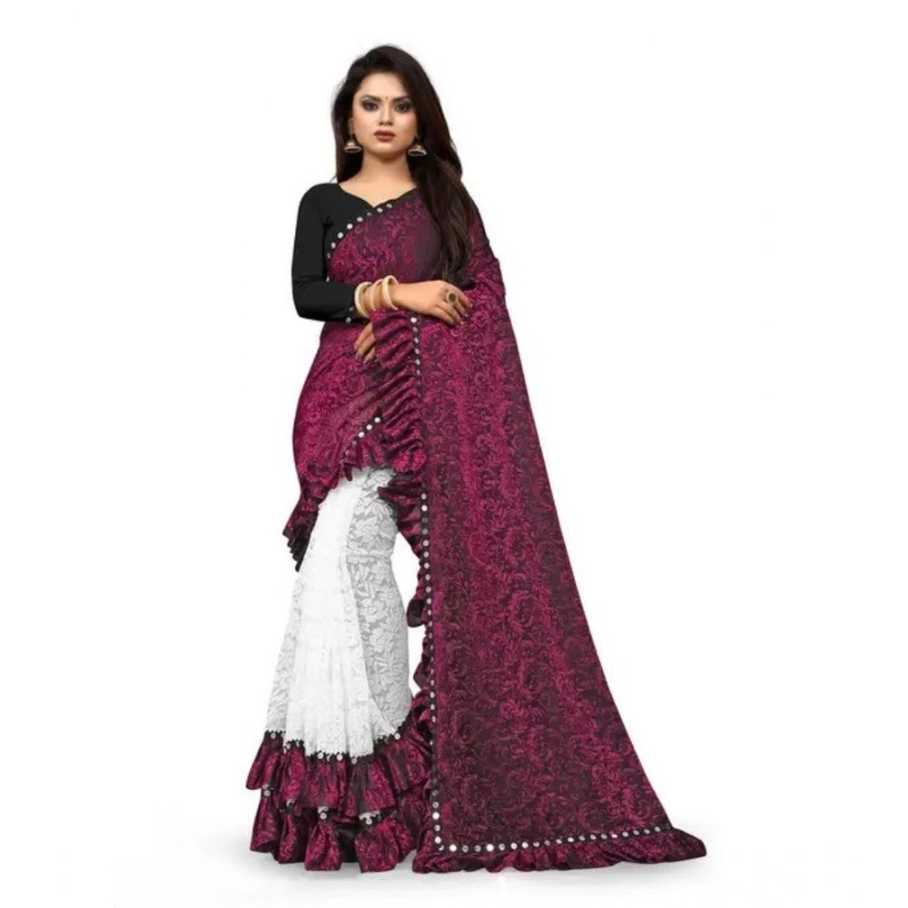 Snuggle Spot Women's Silk With Mirror Lace Solid Saree With Unstitched Blouse (Pink, 5-5 Mtrs)