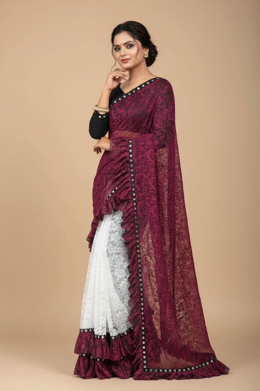 Snuggle Spot Women's Silk With Mirror Lace Solid Saree With Unstitched Blouse (Pink, 5-5 Mtrs)