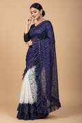 Snuggle Spot Women's Silk With Mirror Lace Solid Saree With Unstitched Blouse (Blue, 5-5 Mtrs)