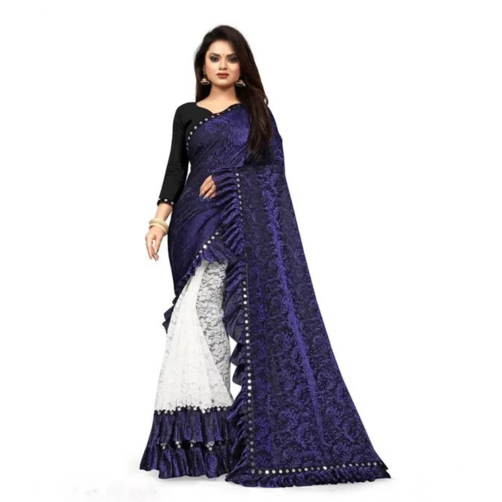 Snuggle Spot Women's Silk With Mirror Lace Solid Saree With Unstitched Blouse (Blue, 5-5 Mtrs)