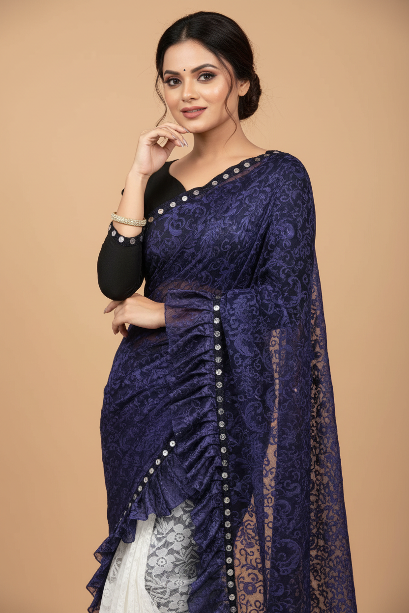 Snuggle Spot Women's Silk With Mirror Lace Solid Saree With Unstitched Blouse (Blue, 5-5 Mtrs)