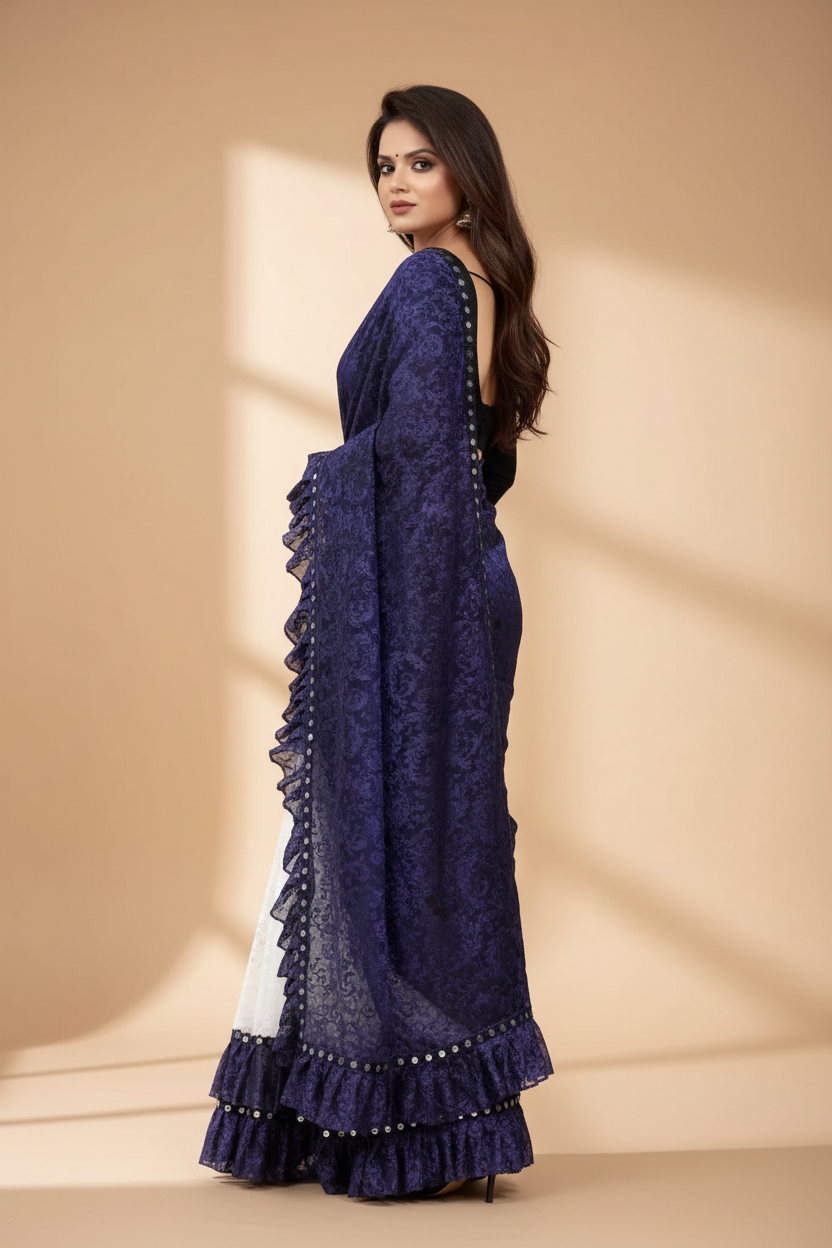 Snuggle Spot Women's Silk With Mirror Lace Solid Saree With Unstitched Blouse (Blue, 5-5 Mtrs)