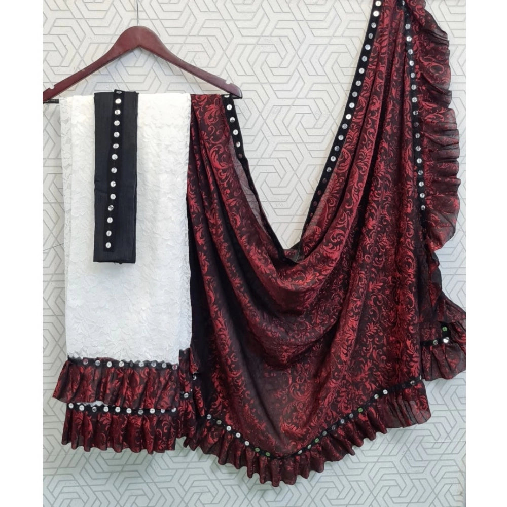 Snuggle Spot Women's Silk With Mirror Lace Solid Saree With Unstitched Blouse (Red, 5-5 Mtrs)