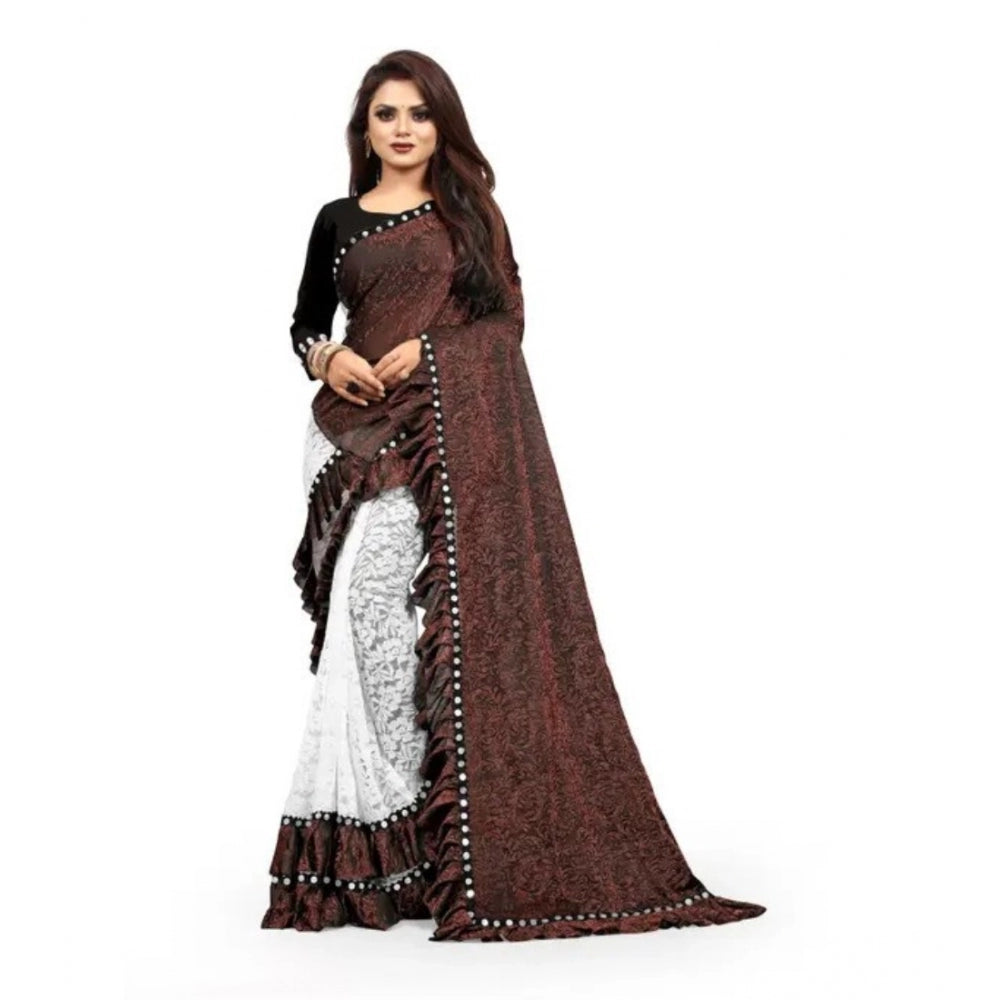 Snuggle Spot Women's Silk With Mirror Lace Solid Saree With Unstitched Blouse (Brown, 5-5 Mtrs)
