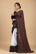 Snuggle Spot Women's Silk With Mirror Lace Solid Saree With Unstitched Blouse (Brown, 5-5 Mtrs)