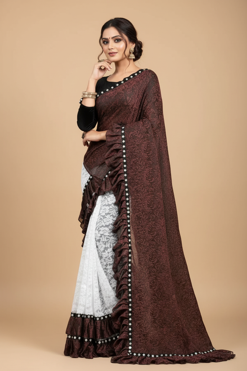 Snuggle Spot Women's Silk With Mirror Lace Solid Saree With Unstitched Blouse (Brown, 5-5 Mtrs)