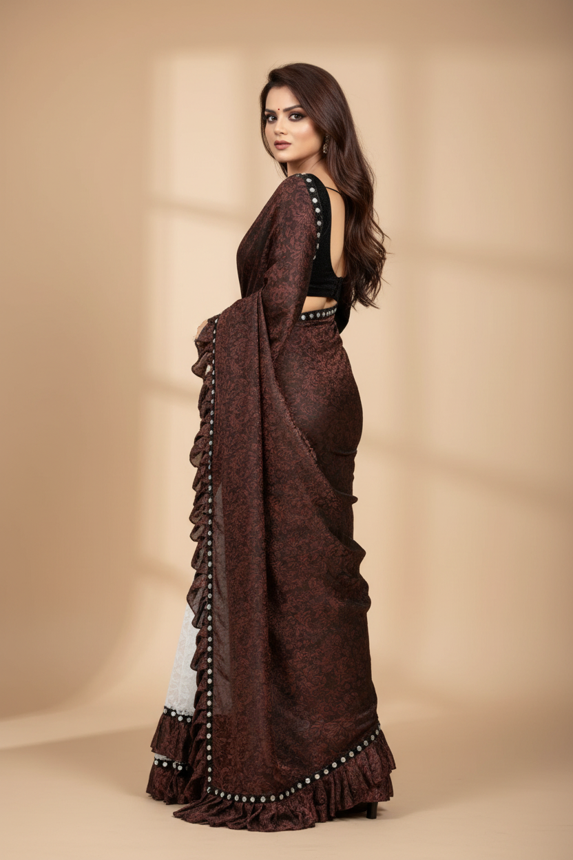 Snuggle Spot Women's Silk With Mirror Lace Solid Saree With Unstitched Blouse (Brown, 5-5 Mtrs)