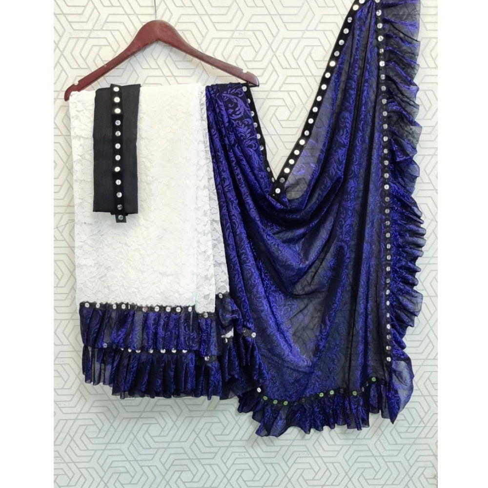 Snuggle Spot Women's Silk With Mirror Lace Solid Saree With Unstitched Blouse (Blue, 5-5 Mtrs)