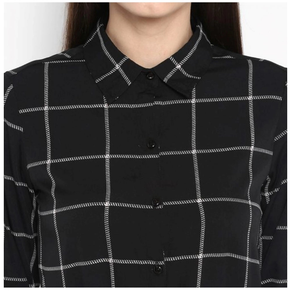 Snuggle Spot Women's Polyester Checkered Roll Up Sleeve Above Knee Dress (Black - White)