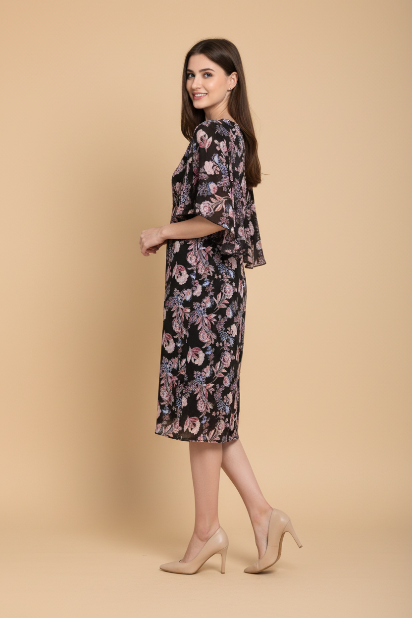 Snuggle Spot Women's Polyester Floral Short Sleeve Knee-Length Dress (Black - Multicolor)