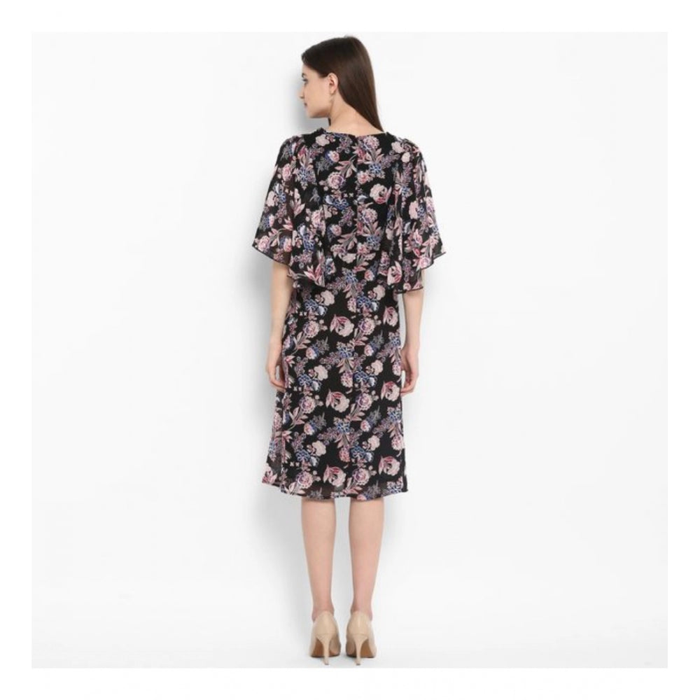 Snuggle Spot Women's Polyester Floral Short Sleeve Knee-Length Dress (Black - Multicolor)