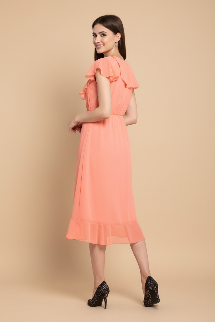 Snuggle Spot Women's Polyester Ruffled Cap Sleeve Below Knee Dress (Neon Pink)