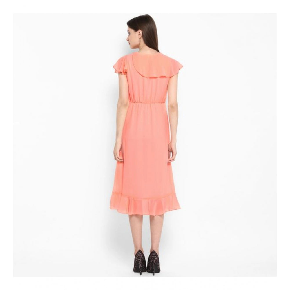 Snuggle Spot Women's Polyester Ruffled Cap Sleeve Below Knee Dress (Neon Pink)