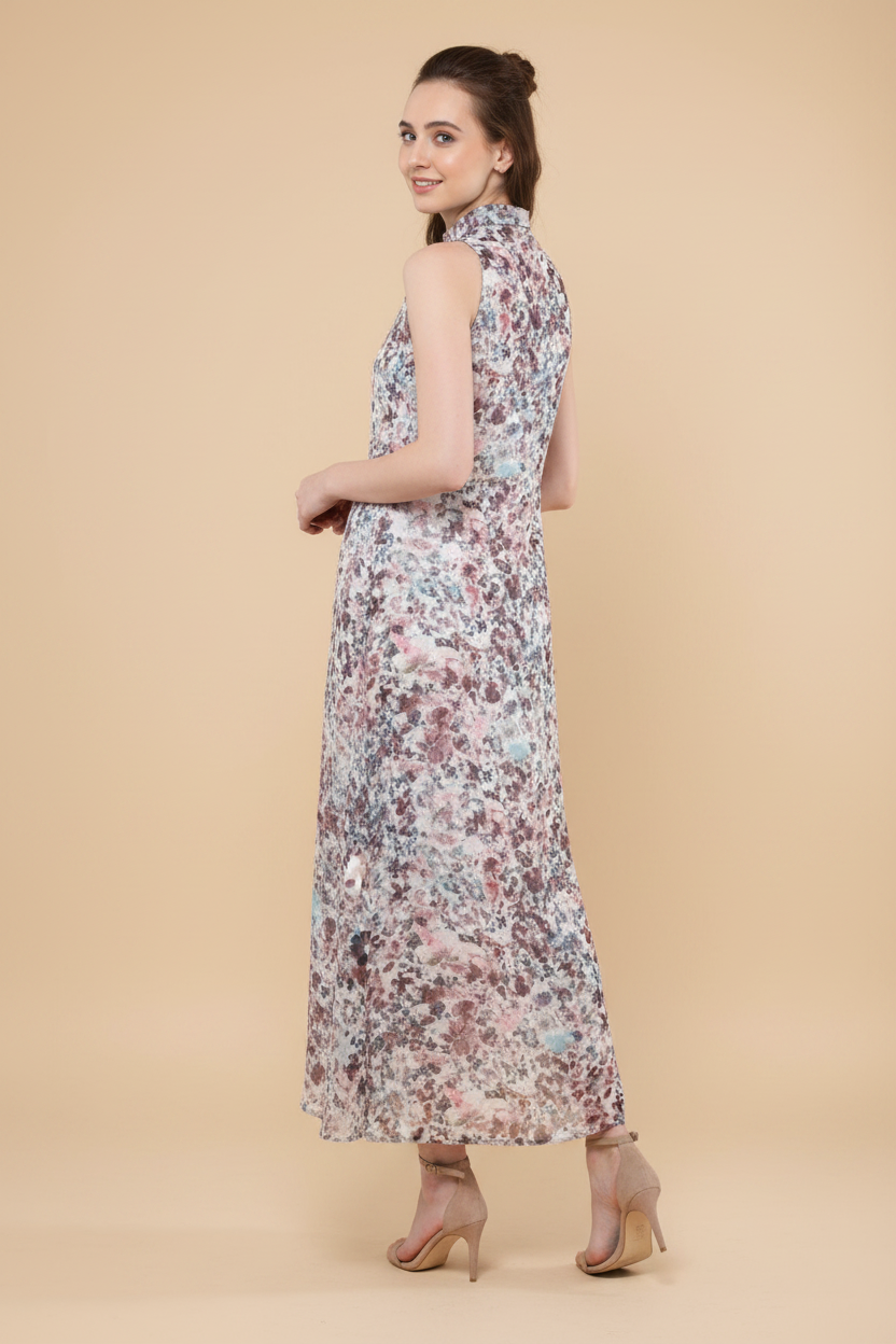 Snuggle Spot Women's Polyester Chiffon Printed Sleeveless Dress (Multicolor)