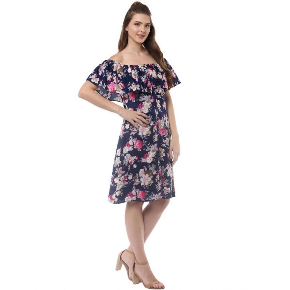 Snuggle Spot Women's Polyester Crepe Floral Half Sleeve Above Knee Dress (Navy Blue)