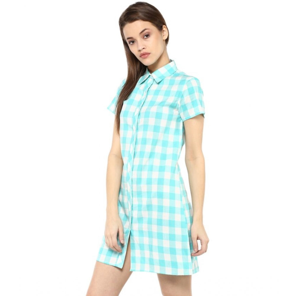 Snuggle Spot Women's Rayon Checkered Short Sleeve Above Knee Dress (SkuBlue - White)