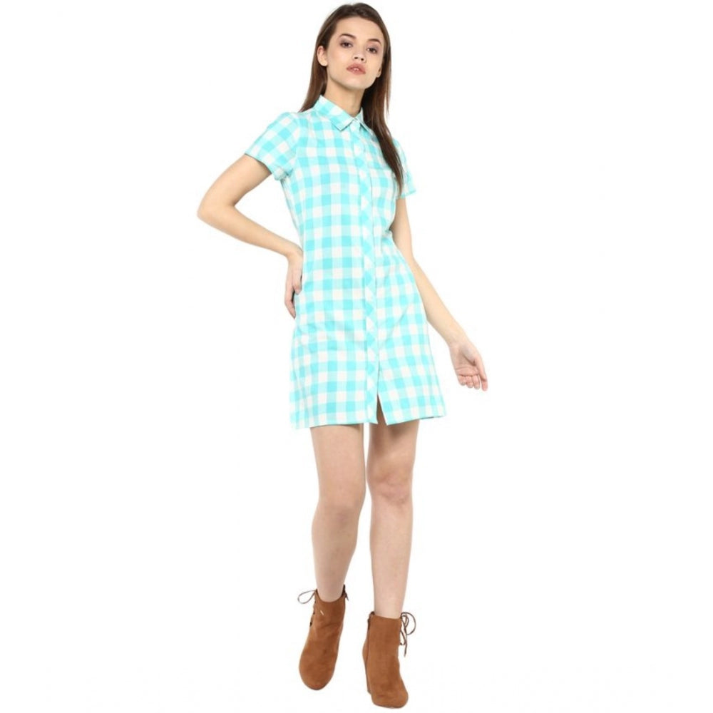 Snuggle Spot Women's Rayon Checkered Short Sleeve Above Knee Dress (SkuBlue - White)