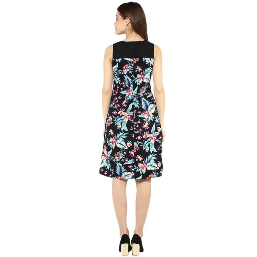 Snuggle Spot Women's Polyester Printed Sleeveless Above Knee Dress (Black - Multicolor)