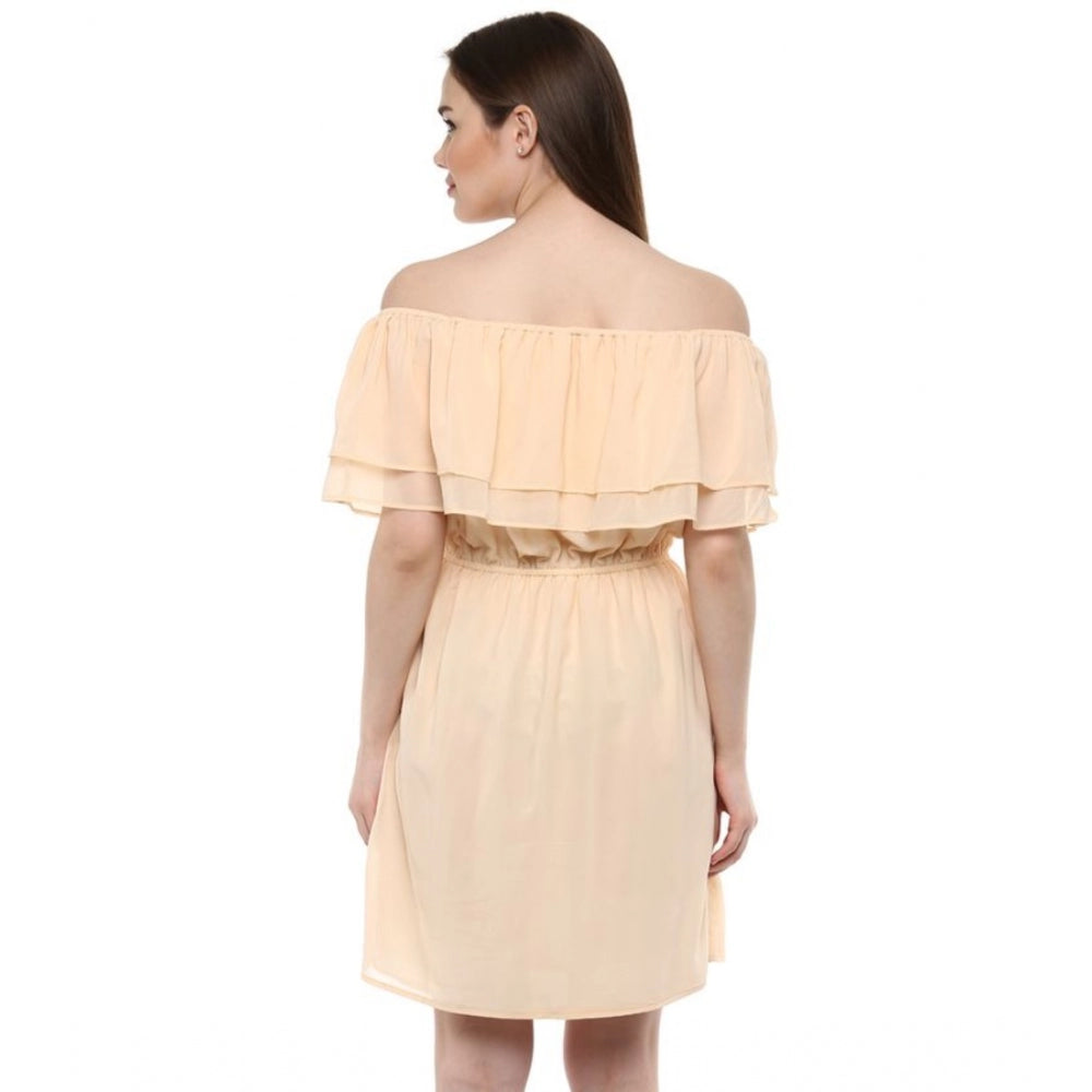 Snuggle Spot Women's Polyester Solid Sleeveless Knee-Length Dress (Beige)